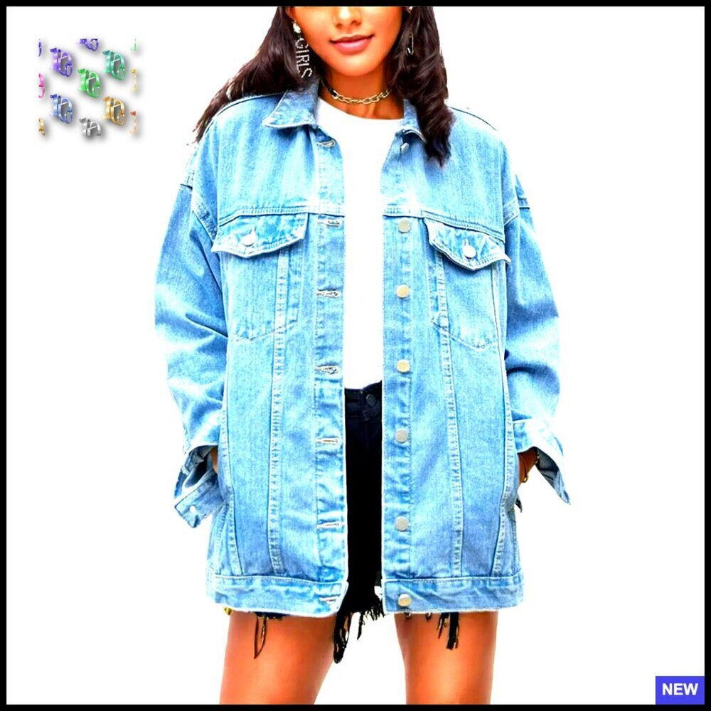 Oversized Denim Jacket Biker Coat Mid Long Relaxed Fit Vintage Chic